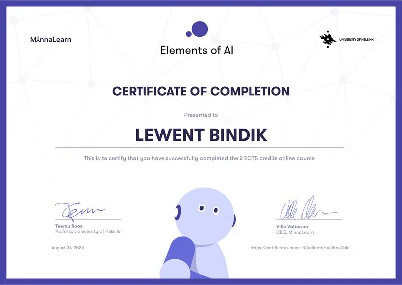 Elements-of-AI-Zertifikat der University of Helsinki und MinnaLearn, 2 ECTS, ausgestellt auf Lewent Bindik