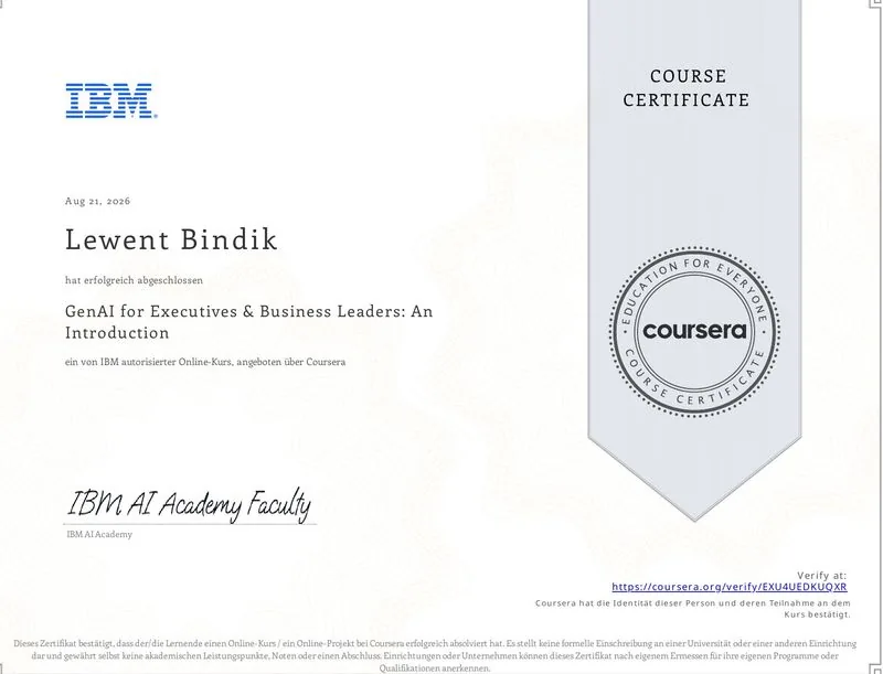 IBM-Zertifikat: GenAI for Executives & Business Leaders, ausgestellt auf Lewent Bindik