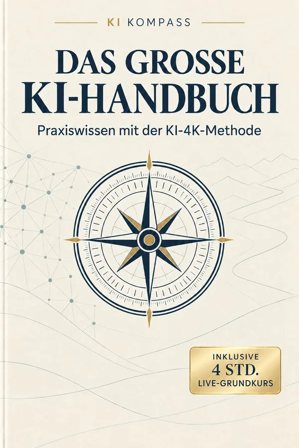 Helles Cover des digitalen Buches Das große KI-Handbuch mit goldenem Käuferbonus